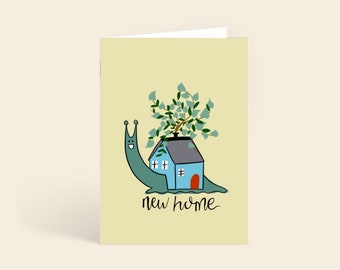 new home / snail / house / greeting card / blank inside / yellow / snail house / funny / humour / new build / house / congratulations