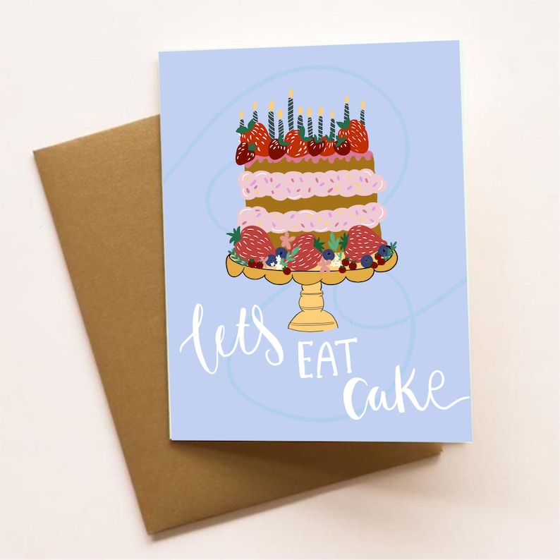 Birthday card / lets eat cake / greeting card / blank inside / wedding / special occasion / for her / for him / strawberries / card image 1