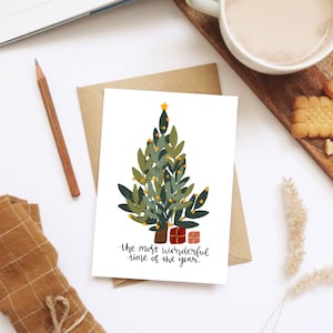Weihnachten / Grußkarte / Frohes Fest / Geschenke / Baum / Jahreszeiten-Karte / Kunstwerk / Karten zu Weihnachten / verschneit / Portofrei