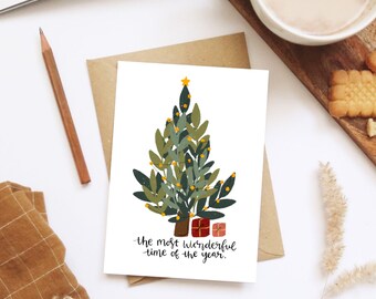 Christmas / greeting card / merry christmas / gifts / tree / seasonal card / artwork / cards for Christmas / snowy / free postage