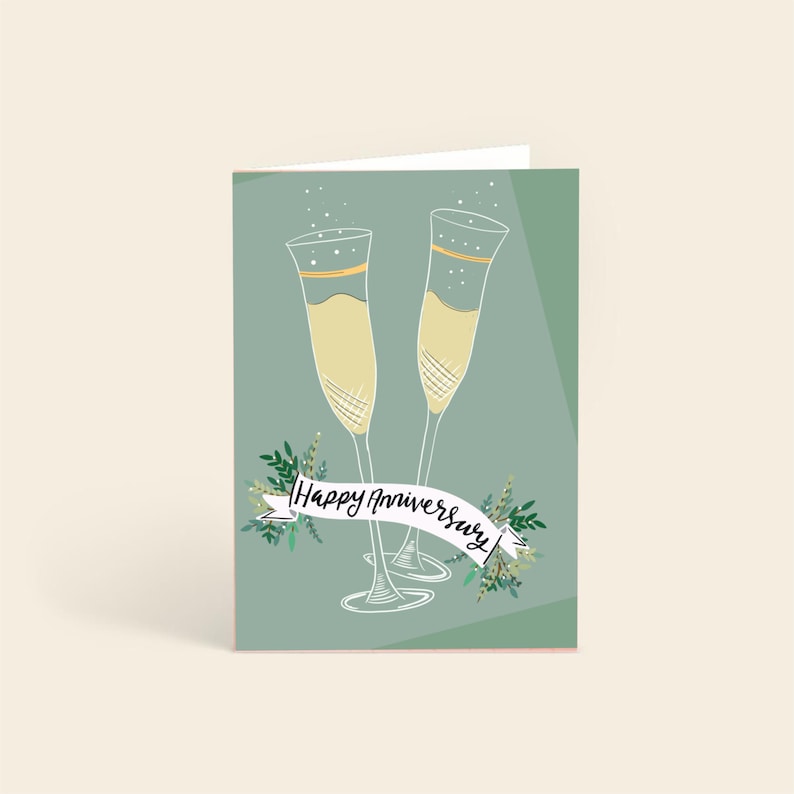 happy / anniversary / champagne / glasses / celebration / couples / wedding / 1st wed / for her / for him / the couple / green / sage image 1