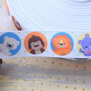 Animals Ribbon, Boy or Girl Baby Safari Ribbon, Bear Hippopotamus Monkey Giraffe, Animal  || 3 Yards of Ribbon - 7/8&quot; (22mm)