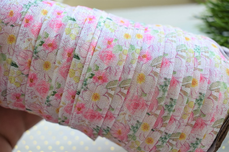 Pink Floral Ribbon Baby Shower Favors Pink Flowers Roses Elastic FOE 58 Floral Elastic Ribbon 16mm Pink White Daisies Printed