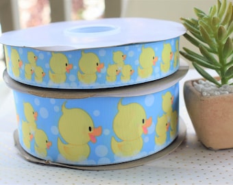 Rubber Ducky Ribbon, Ducky Baby Shower Ribbon, Blue Yellow Rubber Duck Ribbon, Ducky Printed Grosgrain, ||  3 Yards of Ribbon