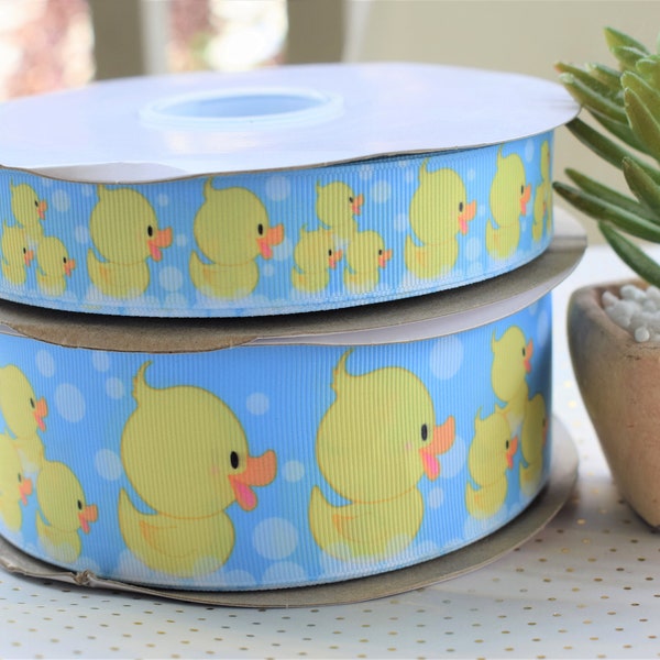 Ruban canard en caoutchouc, ruban canard canard pour baby shower, ruban canard en caoutchouc bleu jaune, gros-grain imprimé canard, || 3 mètres de ruban