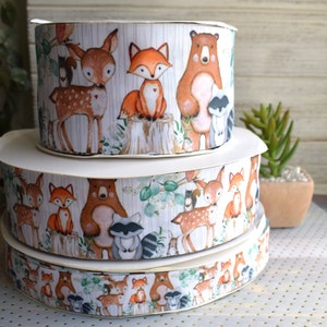 Gâteau de couches avec ruban d'animaux des bois, renard, ours et raton laveur, baby shower des bois || 3 yards de ruban - 1 po. (25 mm) - 2 po. (50 mm) - 3 po. (75 mm)