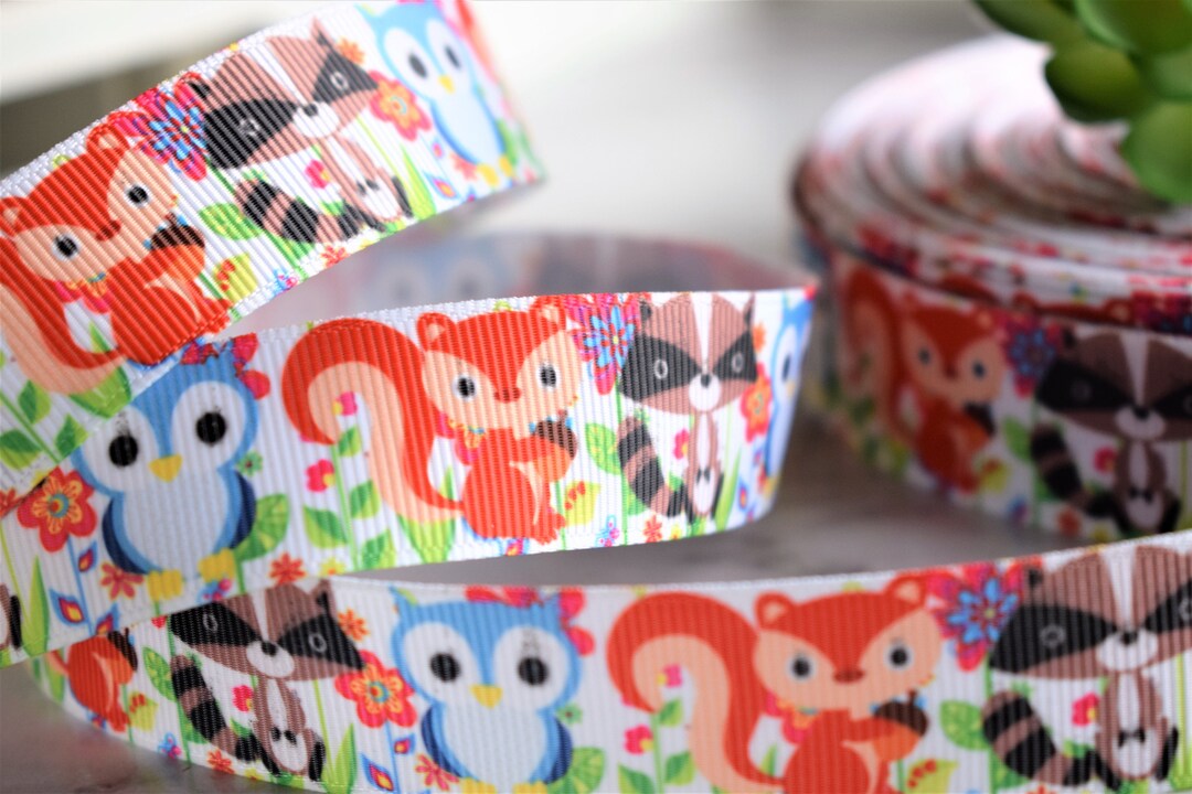 Woodland Ribbon, Animal Baby Ribbon, Animal Grosgrain Ribbon, Fox Owl ...