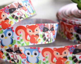 Woodland Ribbon, Animal Baby Ribbon, Animal Grosgrain Ribbon, Fox Owl Ribbon, Woodland  || 3 Yards of Ribbon -  7/8" (22mm)