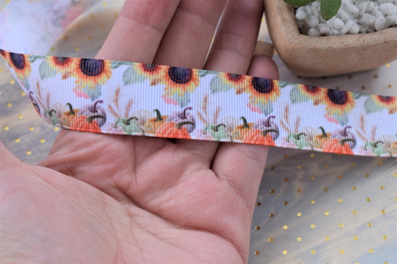 Sunflower Pumpkin Ribbon 78 Fall Sunflower Grosgrain Ribbon 22mm Autumn Flower Ribbon Sunflower Pumpkin Ribbon Printed Grosgrain