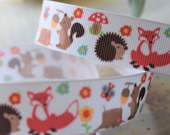 Fox Woodland Ribbon, Animal Baby Ribbon, Animal Grosgrain Ribbon, Fox Owl Ribbon, Woodland Baby Shower || 3 Yards of Ribbon - 7/8" (22mm)