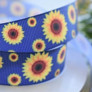 Ruban rustique bleu tournesol, ruban bleu tournesol, ruban imprimé grosgrain tournesol, || tournesol bleu 3 verges de ruban - 7/8 » (22mm)