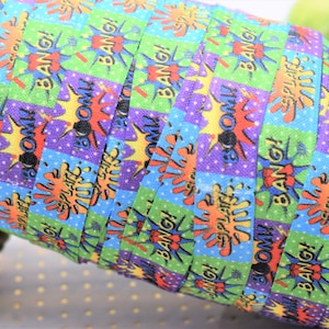 Bang Bam Pow Elastic FOE, Hero Comic Elastic Ribbon, Pow Bam Zap Pop Superhero Ribbon, Printed Baby Shower || 3 Yards of Ribbon - 5/8&quot;(16mm)