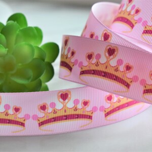 Cinta de ducha de bebé de corona rosa, cinta de corona de niña, cinta de corona, grosgrain impreso de corona rosa // 3 yardas de cinta - 7/8 "(22 mm)