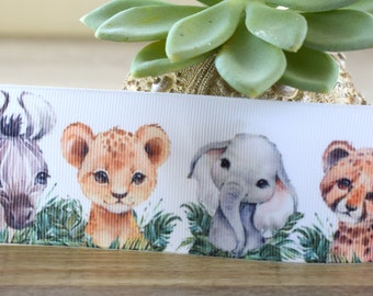 Jungle Animal Safari Ribbon, Diaper Cake Ribbon, Green Boy Baby Safari Ribbon, Monkey Giraffe Grosgrain ||  3 Yards of Ribbon - 2”(50mm)