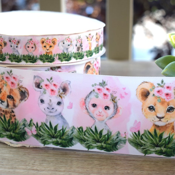 Pink Girl Jungle Safari Grosgrain Ribbon, Pink Girl Floral Baby Safari Ribbon, Monkey Giraffe || 3 Yards of Ribbon - 1" (25mm) / 3" (75mm)