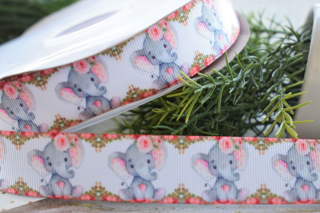 Pink Elephant Ribbon Pink Grey Elephant Floral Ribbon, Girl Elephant Roses Baby Shower ...
