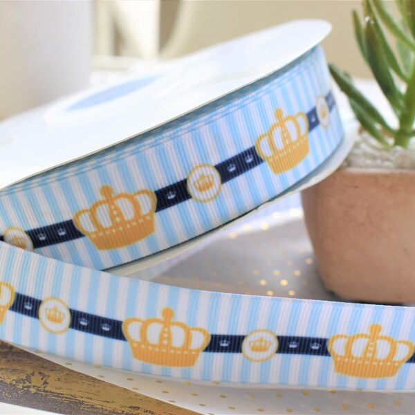 Crown Baby Shower Ribbon, Boy Crown Ribbon, Crown Ribbon, Blue Crown Printed Grosgrain || 3 Yards of Ribbon - 7/8" (22mm)