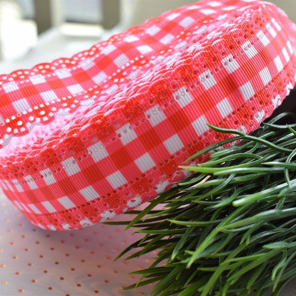 Red White Gingham Ribbon, Red Barbecue Ribbon, BBQ Grosgrain Ribbon, Red White Gingham  || 3 Yards of Ribbon - 1" (25mm)