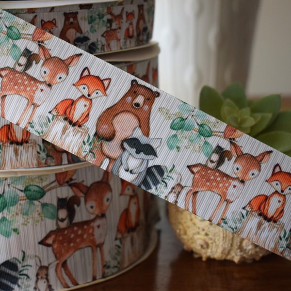 Woodland Animal Ribbon, Fox Bear Raccoon Diaper Cakes, Woodland Baby Shower || 3 Yards of Ribbon - 1"(25mm) - 1.5"(38mm) -2"(50mm) -3"(75mm)