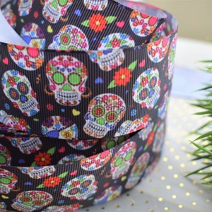 Sugar Skull Ribbon, Sugar Skull Halloween Ribbon, Skellington Face Grosgrain Printed Ribbon, Mexican  || 3 Yards of Ribbon -  1-1/2&quot; (38 mm)