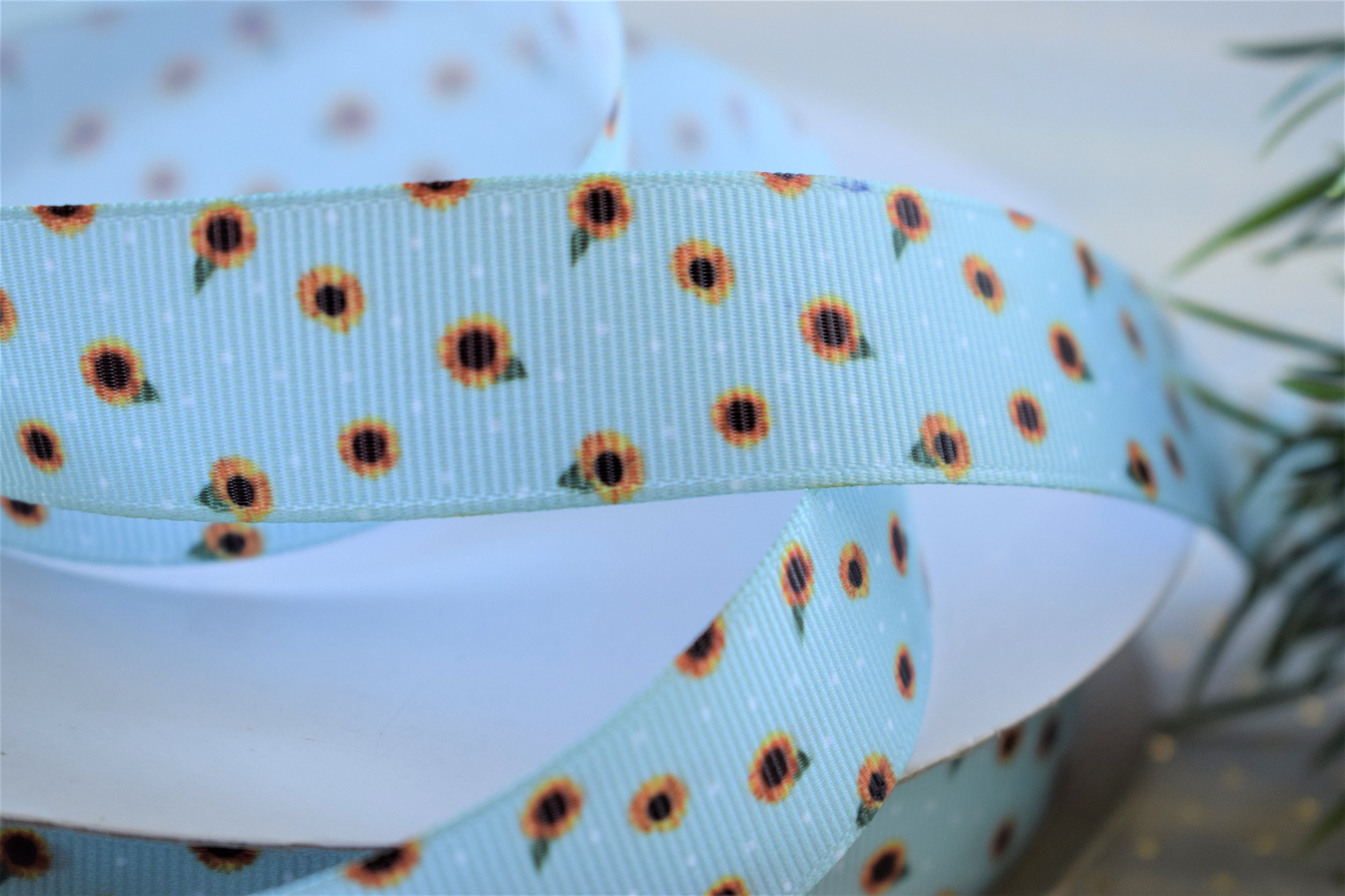 Light Blue Ruffled Ribbon Sunflower Light Blue Ribbon, Blue Sunflower Ribbon, Sunflower Grosgrain ...