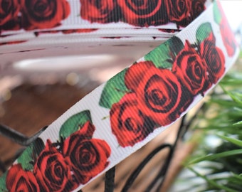 Red Rosas Ribbon, Floral Ribbon, Rose Ribbon, Red Flower Ribbon, Floral Printed Grosgrain || 3 Yards of Ribbon - 7/8" (22mm)