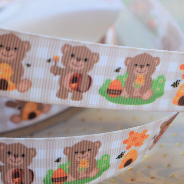 Teddy Bear Honey Ribbon, Teddy Bear Grosgrain Printed Ribbon, Honey Bear Ribbon, Boy Teddy Bear Printed || 3 Yards of Ribbon - 1" (25mm)