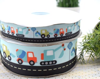 Car Truck Ribbon, Under Construction Ribbon, Dump Truck and Tractor, Construction Vehicles || 3 Yards of Ribbon -  1" (25mm), 2" (50mm)