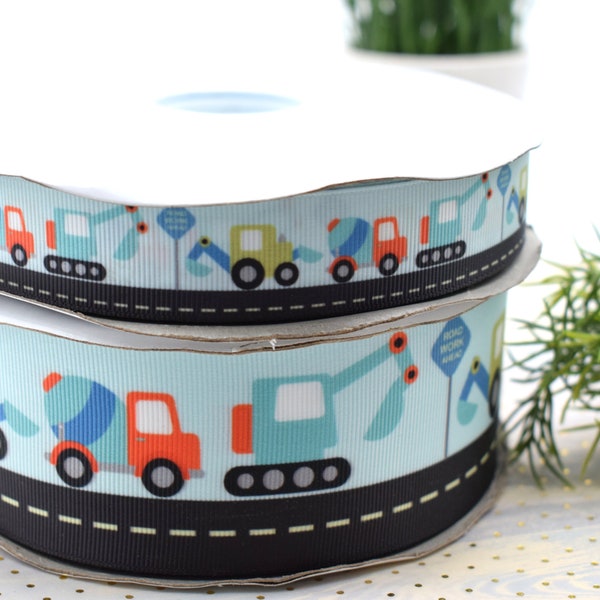 Car Truck Ribbon, Under Construction Ribbon, Dump Truck and Tractor, Construction Vehicles || 3 Yards of Ribbon -  1" (25mm), 2" (50mm)