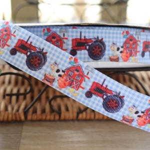 Cinta con estampado de camión de granja, vaca, oveja, pollo, cinta de grosgrain con estampado de animales de granja // 3 yardas de cinta - 1" (25 mm)