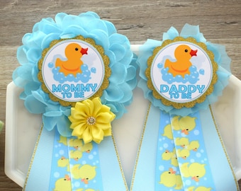 Rubber Ducky Baby Shower – Blue and Yellow Theme – Mommy to Be Sash & Daddy to Be Pin – Duck Baby Shower Set – Gift for Pregnant Mom