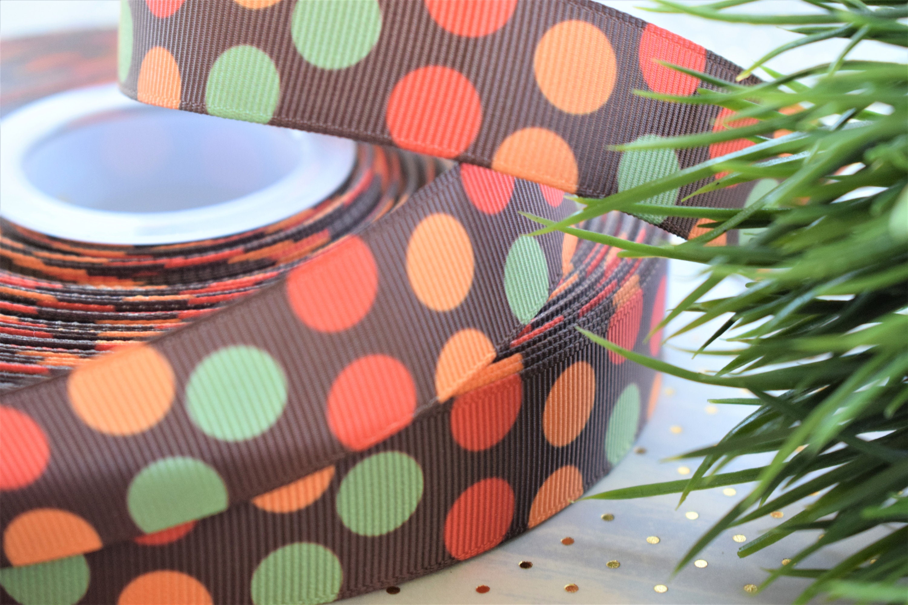 Fall Dot Ribbon, Orange Green Brown Ribbon, Fall Printed Ribbon  || 3 Yards of Ribbon - 7/8" (22mm)