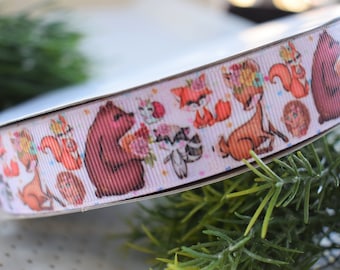 Girl Woodland Ribbon, Animal Baby Ribbon, Animal Grosgrain Ribbon, Fox Owl Ribbon, Woodland Baby Shower || 3 Yards of Ribbon - 1" (25mm)