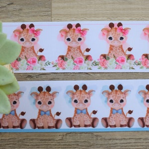 Ruban de satin girafe bleu rose, ruban safari bébé rose garçon, satin imprimé girafe safari || 3 mètres de ruban - 1" (25 mm) / 2" (50 mm)