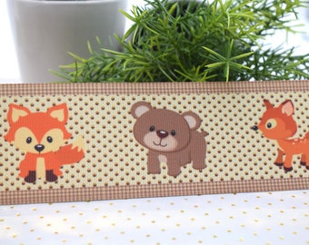 Woodland Grosgrain Ribbon, Animal Baby Ribbon, Animal Grosgrain Ribbon, Fox Owl Ribbon || 3 Yards of Ribbon - 2" (50mm)