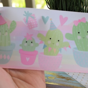 Ruban de cactus, ruban de gâteau de couche pour bébé, ruban de fête de cactus pastel, emballage cadeau imprimé Grosgrain || 3 verges de ruban - 3 » (75mm)