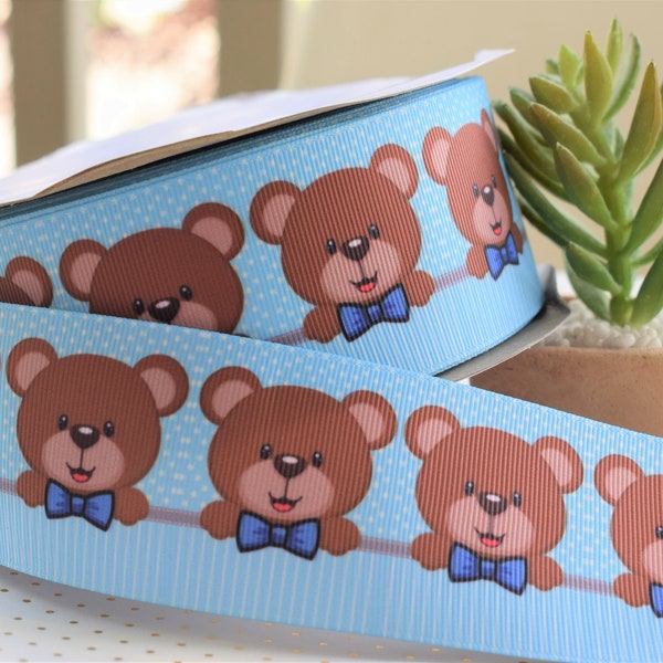 Boy Teddy Bear Ribbon, Teddy Bear Grosgrain Printed Ribbon, Blue Bear Ribbon, Bear Diaper Cake  || 3 Yards of Ribbon -  2" (50mm)