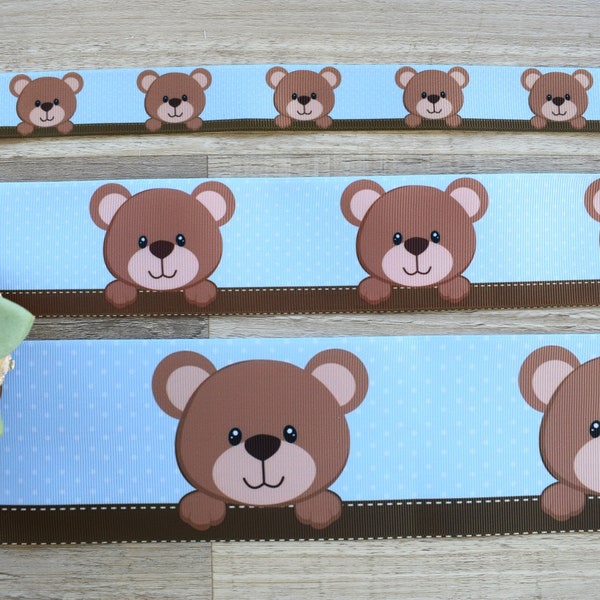 Boy Teddy Bear Ribbon, Teddy Bear Grosgrain Printed Ribbon, Blue Bear Ribbon ||  3 Yards of Ribbon - 1" (25mm) / 2" (50mm) / 3" (75mm)