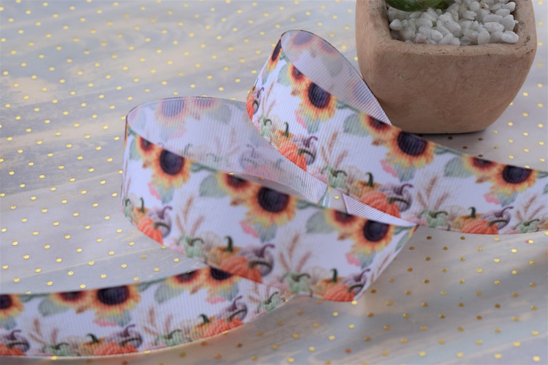Sunflower Pumpkin Ribbon 78 Fall Sunflower Grosgrain Ribbon 22mm Autumn Flower Ribbon Sunflower Pumpkin Ribbon Printed Grosgrain