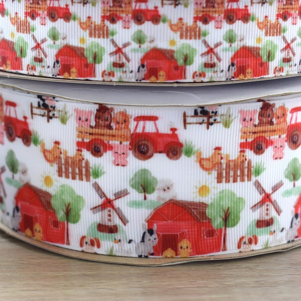 Farm Animal Grosgrain Ribbon, Cow Sheep Chicken Ribbon, Animal Farmer Grosgrain Printed Ribbon || 3 Yards of Ribbon - 1" (25mm) / 2" (50mm)