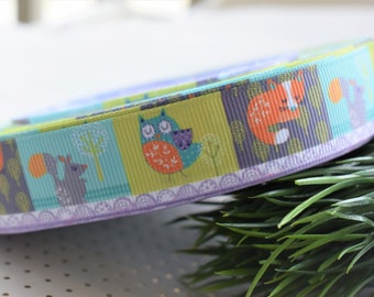 Woodland Ribbon, Animal Baby Ribbon, Animal Grosgrain Ribbon, Fox Owl Ribbon, Woodland Baby Shower || 3 Yards of Ribbon - 7/8" (22mm)