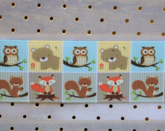 Woodland Ribbon, Animal Baby Ribbon, Animal Grosgrain Ribbon, Fox Owl Ribbon, Woodland Baby Shower  Printed Grosgrain Ribbon 7/8" (22mm)