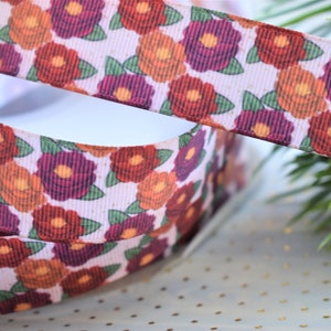 Ruban floral, Ruban de lavande de pêche de Bourgogne, Ruban de fleur rose pourpre, Grosgrain imprimé floral || 3 verges de ruban - 7/8 » (22mm)