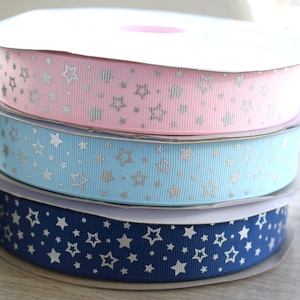 Star Grosgrain Ribbon, Lt. Pink, Lt. Blue and Navy, Silver Star Ribbon, Star Party and Baby Shower Ribbon || 3 Yards of Ribbon -  1&quot; (25mm)