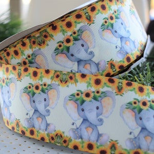 Sunflower Elephant Ribbon, Yellow Sunflower Ribbon, Sunflower Diaper Cake Ribbon, Elephant Rustic Yellow  || 3 Yards of Ribbon -  2&quot; (50mm)