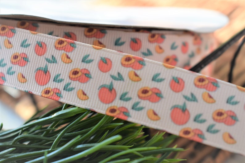 May include: White ribbon with a peach print. The ribbon has a repeating pattern of peaches and leaves. The peaches are a light orange color and the leaves are a light green color.