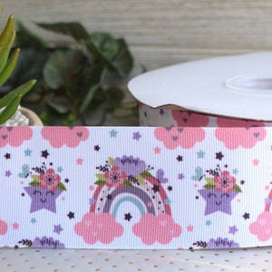 Floral Boho Rainbow Ribbon, Flower Rainbow Ribbon, Pink Boho Rainbow Baby Ribbon, Girl Rainbow || 3 Yards of Ribbon - 1&quot; (25mm) - 2&quot; (50mm)