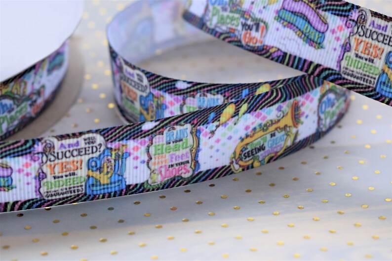 Printed Grosgrain Ribbon 22mm Dr Seuss Cat in the Hat Ribbon 78 Oh The Places You/'ll Go Ribbon Thing 1 and 2 Dr Seuss Cat in the Hat
