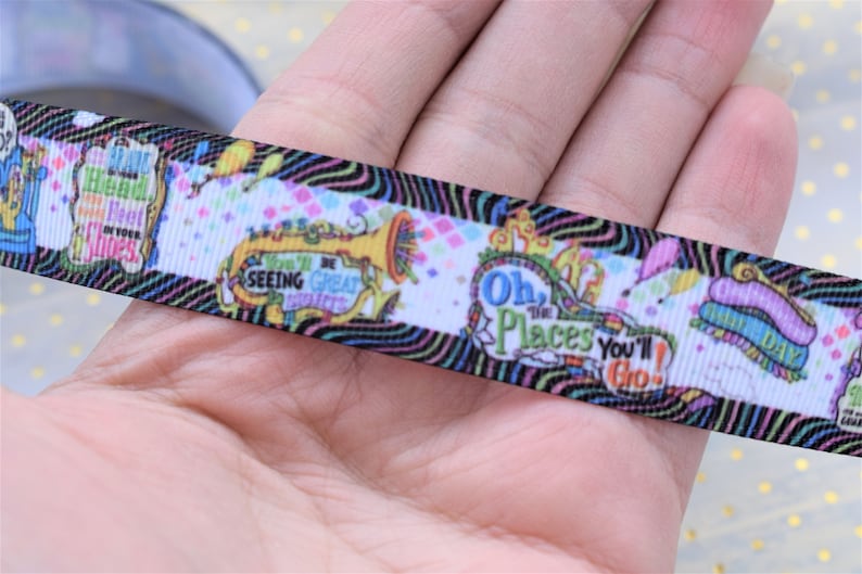 Printed Grosgrain Ribbon 22mm Dr Seuss Cat in the Hat Ribbon 78 Oh The Places You/'ll Go Ribbon Thing 1 and 2 Dr Seuss Cat in the Hat