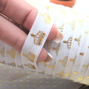 Crown Gold White Elastic Ribbon, Fold Over Elastic, FOE Elastic Solid Ribbon, White DIY Elastic || 3 Yards of Ribbon - 5/8&quot; (16mm)